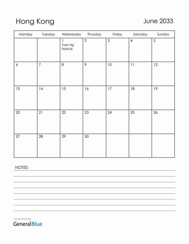 June 2033 Hong Kong Calendar with Holidays (Monday Start)