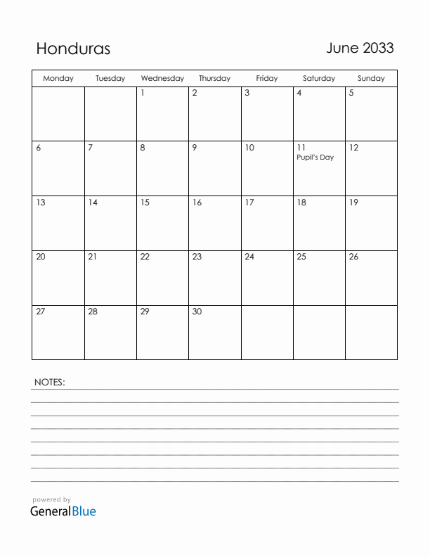 June 2033 Honduras Calendar with Holidays (Monday Start)