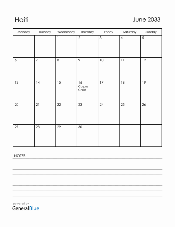June 2033 Haiti Calendar with Holidays (Monday Start)
