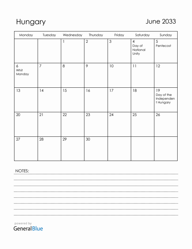 June 2033 Hungary Calendar with Holidays (Monday Start)