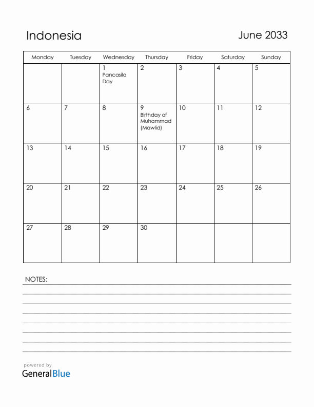 June 2033 Indonesia Calendar with Holidays (Monday Start)