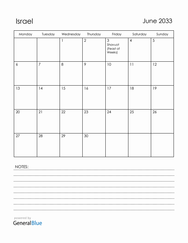June 2033 Israel Calendar with Holidays (Monday Start)