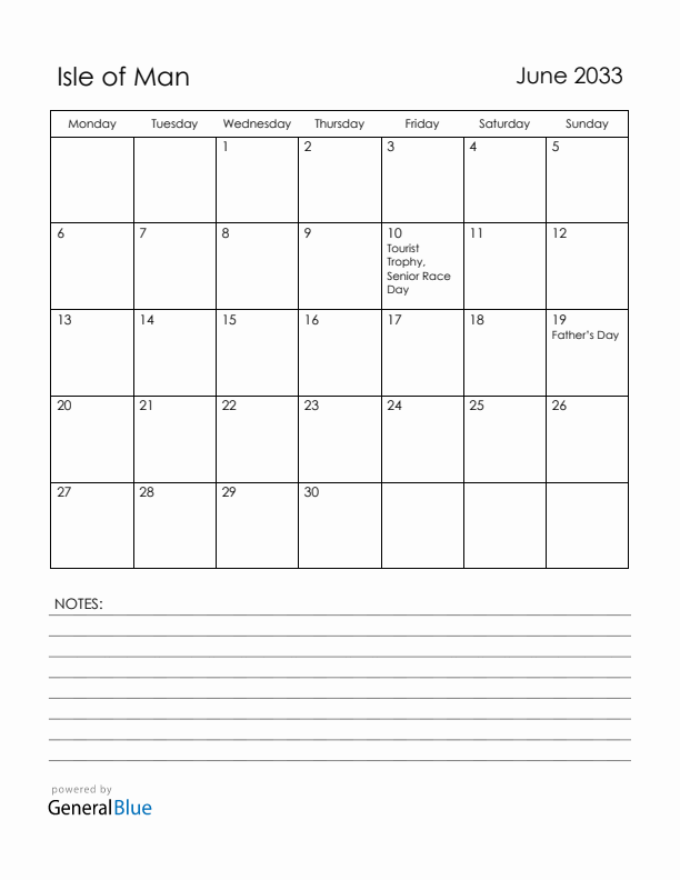 June 2033 Isle of Man Calendar with Holidays (Monday Start)