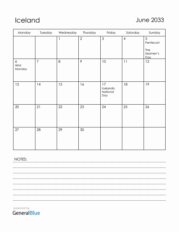 June 2033 Iceland Calendar with Holidays (Monday Start)
