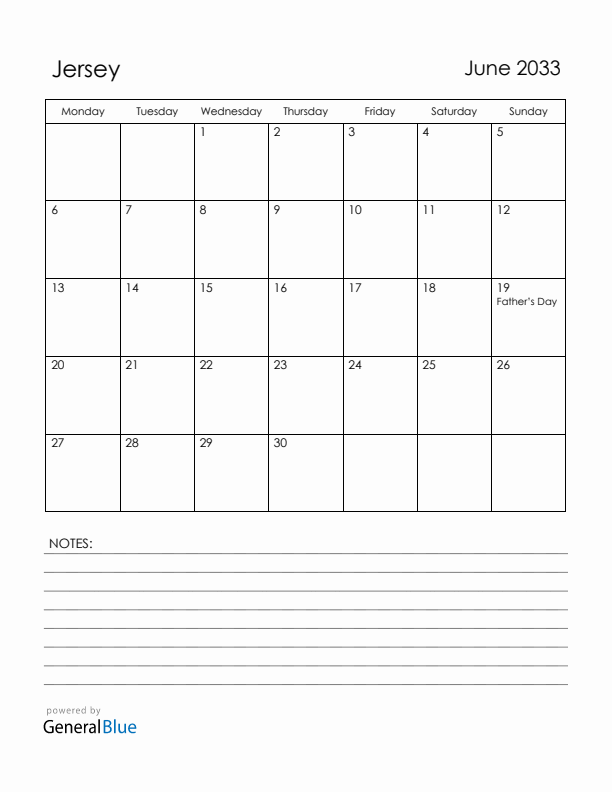 June 2033 Jersey Calendar with Holidays (Monday Start)