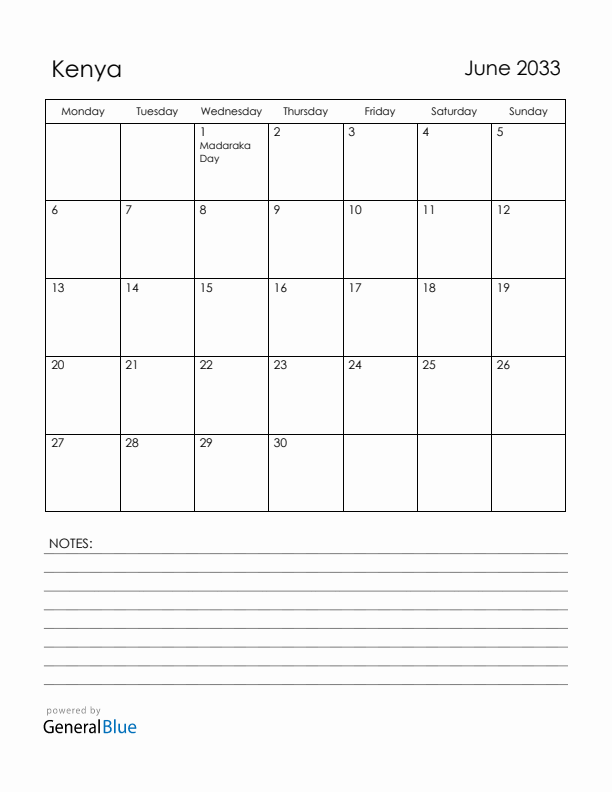 June 2033 Kenya Calendar with Holidays (Monday Start)