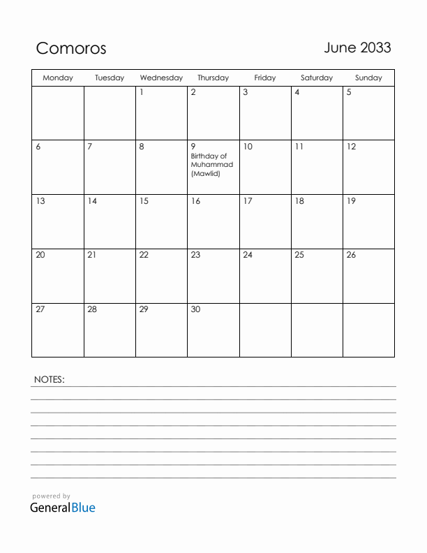 June 2033 Comoros Calendar with Holidays (Monday Start)