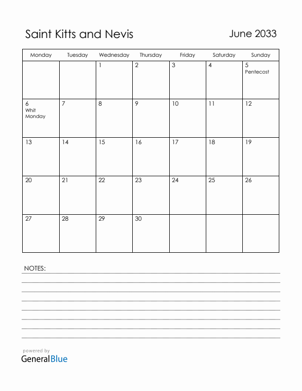 June 2033 Saint Kitts and Nevis Calendar with Holidays (Monday Start)