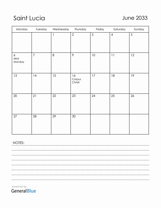 June 2033 Saint Lucia Calendar with Holidays (Monday Start)