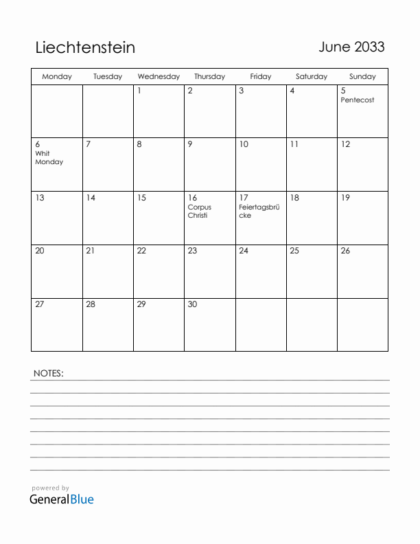 June 2033 Liechtenstein Calendar with Holidays (Monday Start)