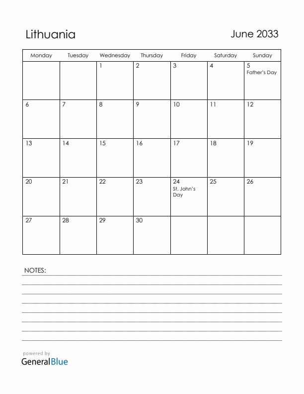 June 2033 Lithuania Calendar with Holidays (Monday Start)