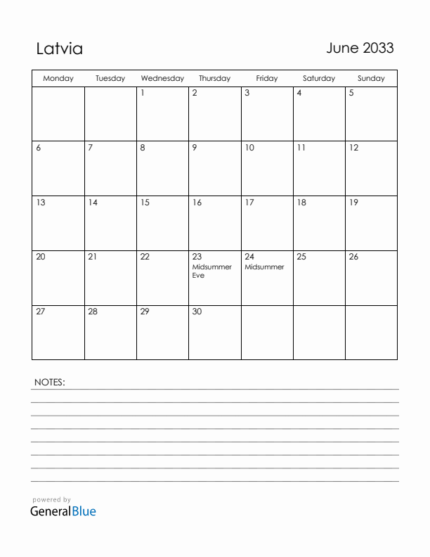 June 2033 Latvia Calendar with Holidays (Monday Start)