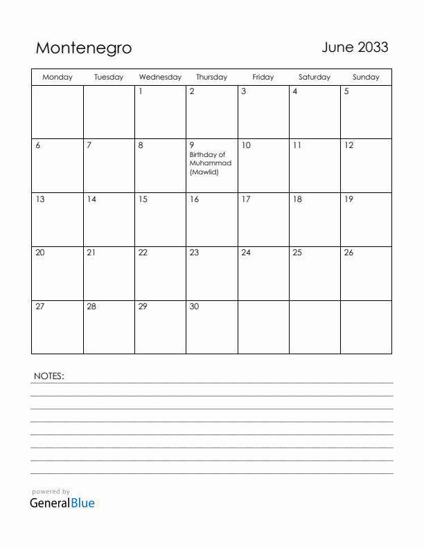 June 2033 Montenegro Calendar with Holidays (Monday Start)