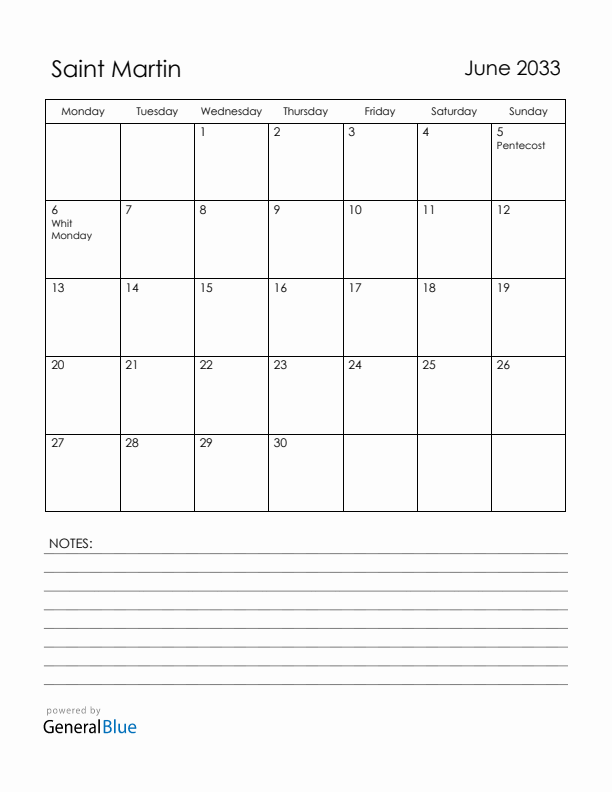June 2033 Saint Martin Calendar with Holidays (Monday Start)