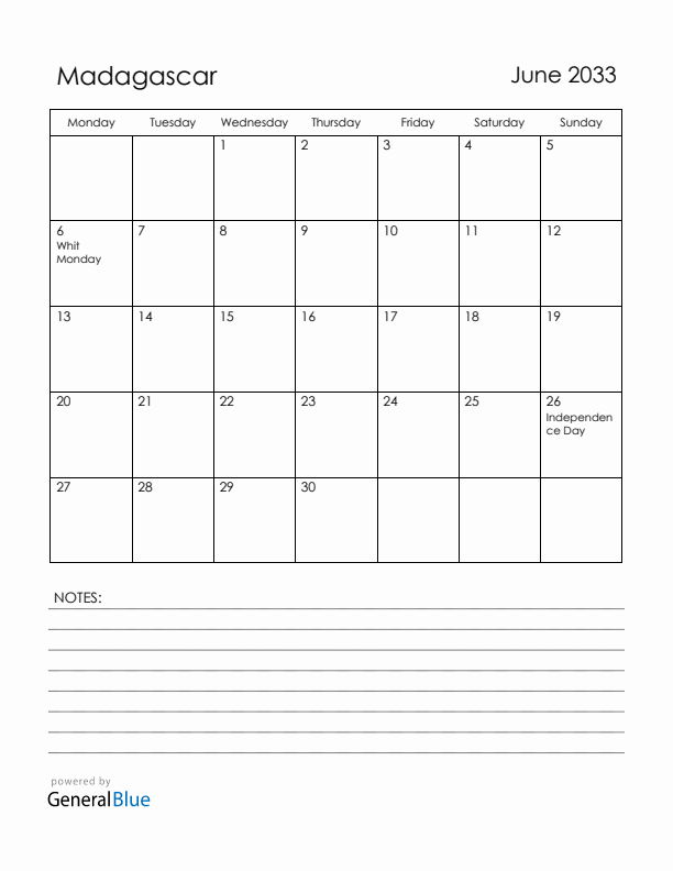 June 2033 Madagascar Calendar with Holidays (Monday Start)
