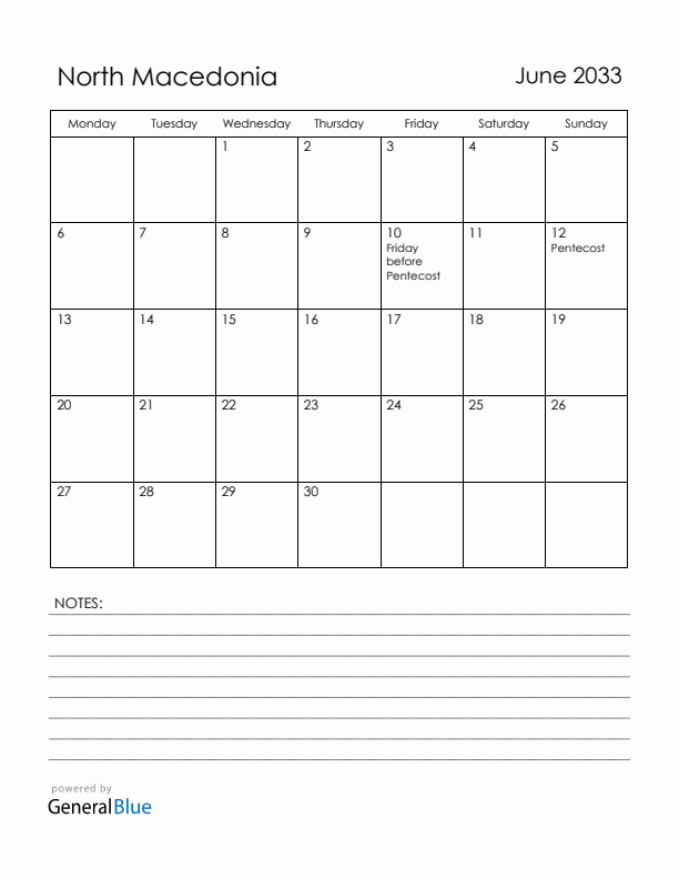 June 2033 North Macedonia Calendar with Holidays (Monday Start)