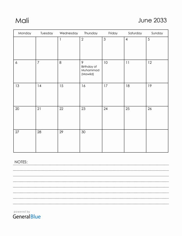 June 2033 Mali Calendar with Holidays (Monday Start)