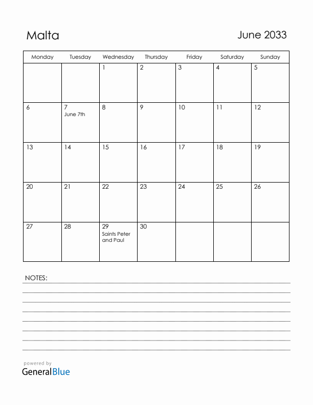June 2033 Malta Calendar with Holidays (Monday Start)