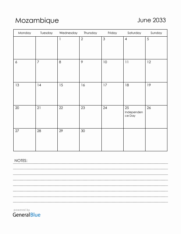 June 2033 Mozambique Calendar with Holidays (Monday Start)