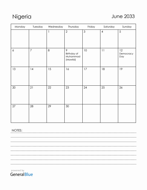 June 2033 Nigeria Calendar with Holidays (Monday Start)
