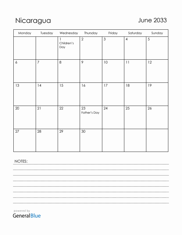 June 2033 Nicaragua Calendar with Holidays (Monday Start)