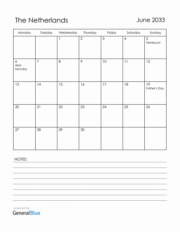 June 2033 The Netherlands Calendar with Holidays (Monday Start)