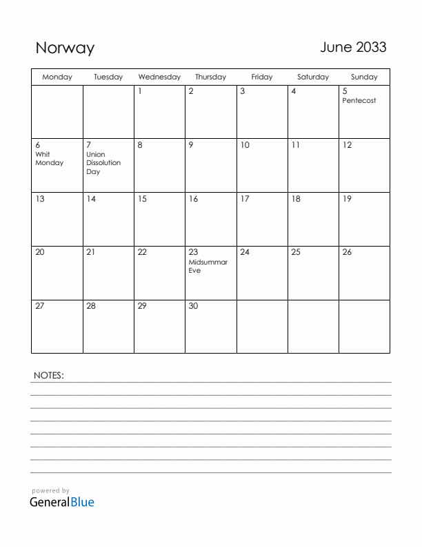 June 2033 Norway Calendar with Holidays (Monday Start)