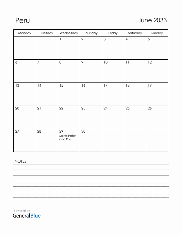 June 2033 Peru Calendar with Holidays (Monday Start)