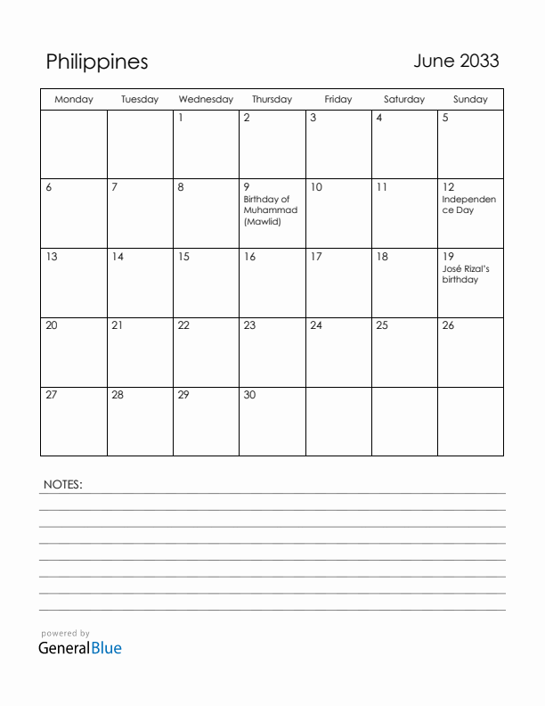 June 2033 Philippines Calendar with Holidays (Monday Start)