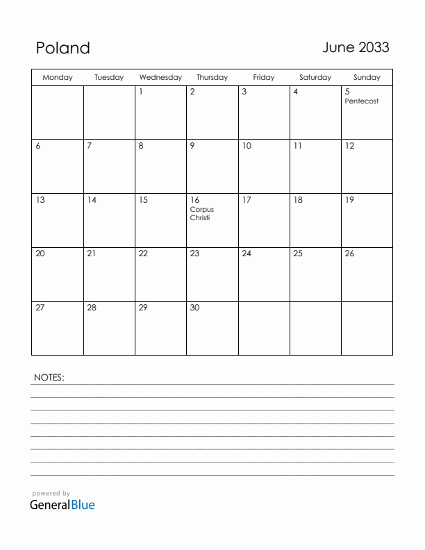 June 2033 Poland Calendar with Holidays (Monday Start)