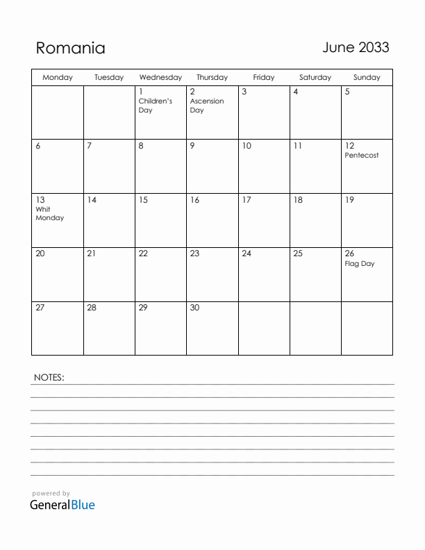 June 2033 Romania Calendar with Holidays (Monday Start)