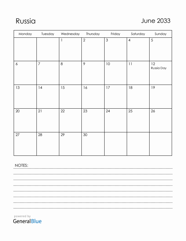 June 2033 Russia Calendar with Holidays (Monday Start)