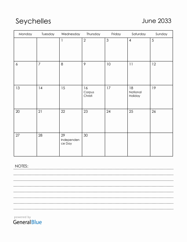June 2033 Seychelles Calendar with Holidays (Monday Start)