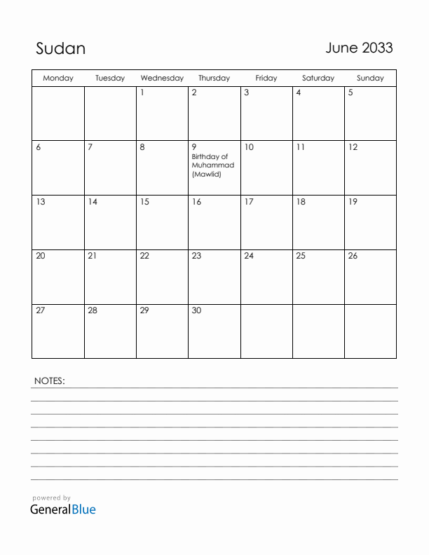 June 2033 Sudan Calendar with Holidays (Monday Start)