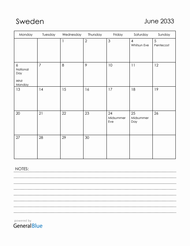 June 2033 Sweden Calendar with Holidays (Monday Start)
