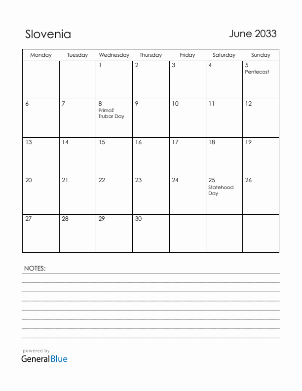 June 2033 Slovenia Calendar with Holidays (Monday Start)