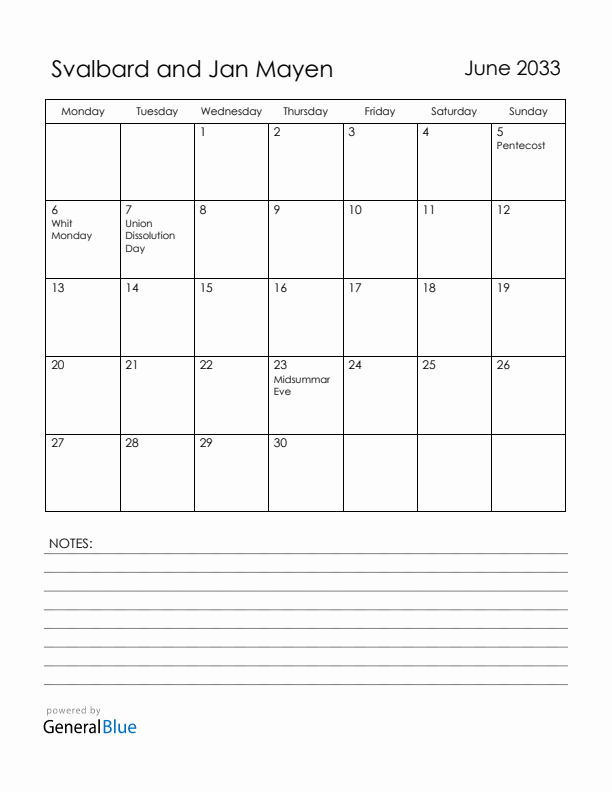 June 2033 Svalbard and Jan Mayen Calendar with Holidays (Monday Start)