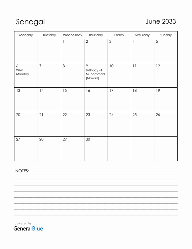June 2033 Senegal Calendar with Holidays (Monday Start)