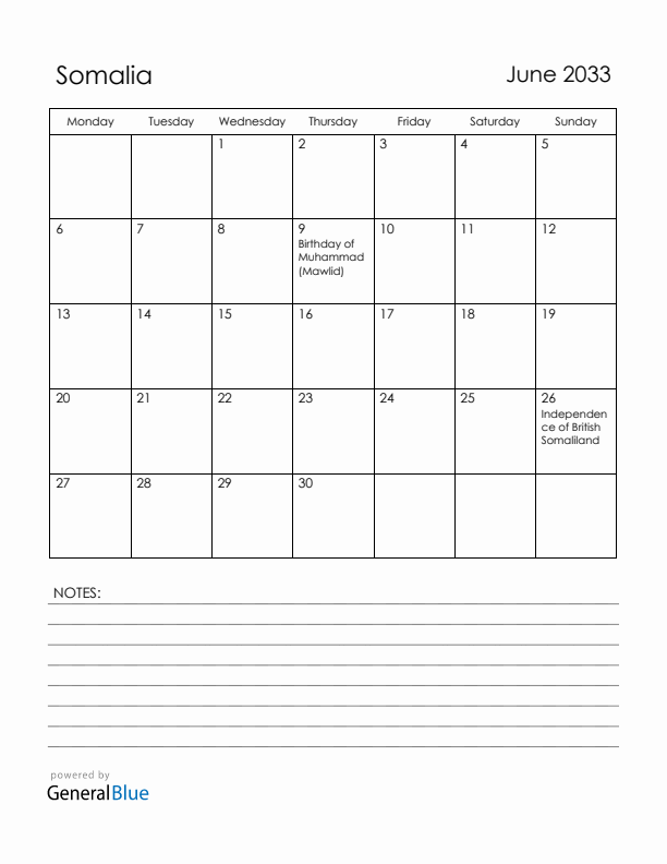 June 2033 Somalia Calendar with Holidays (Monday Start)