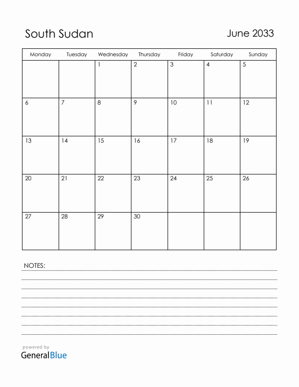 June 2033 South Sudan Calendar with Holidays (Monday Start)