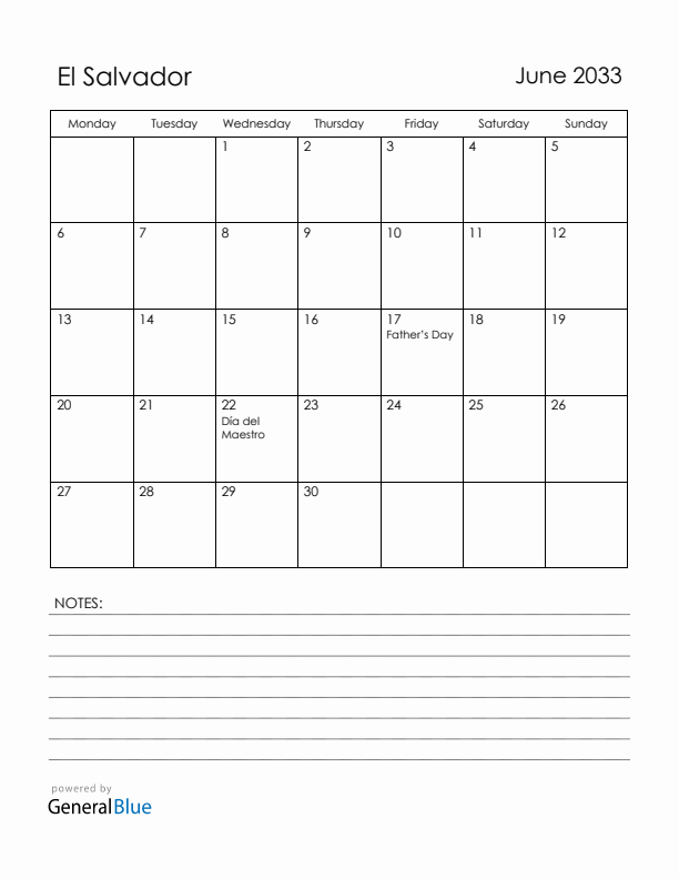 June 2033 El Salvador Calendar with Holidays (Monday Start)