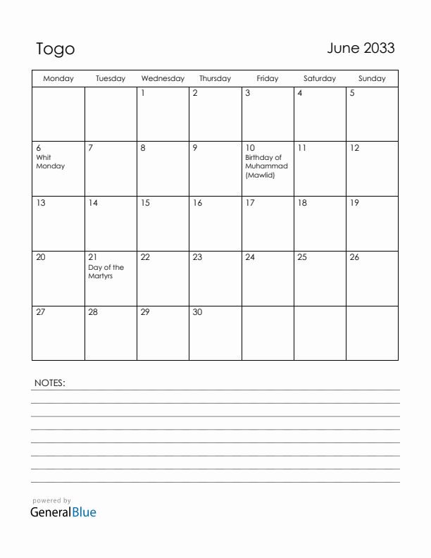 June 2033 Togo Calendar with Holidays (Monday Start)