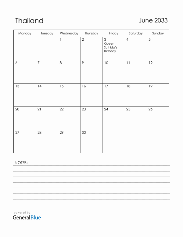 June 2033 Thailand Calendar with Holidays (Monday Start)
