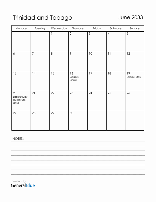 June 2033 Trinidad and Tobago Calendar with Holidays (Monday Start)