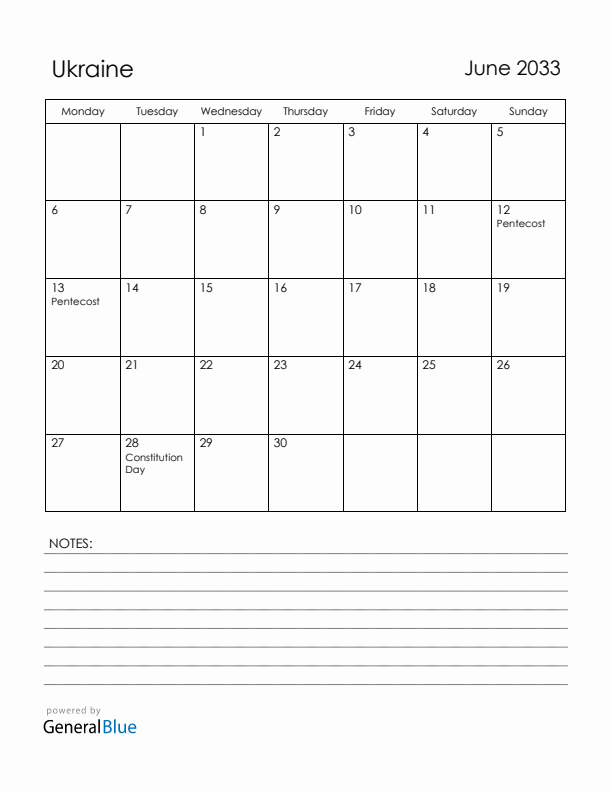June 2033 Ukraine Calendar with Holidays (Monday Start)