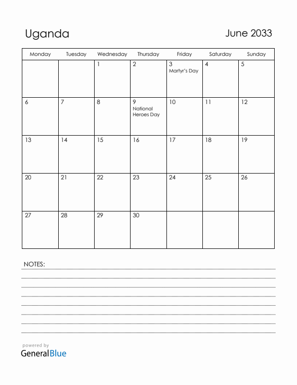 June 2033 Uganda Calendar with Holidays (Monday Start)