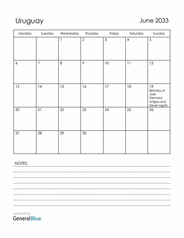 June 2033 Uruguay Calendar with Holidays (Monday Start)