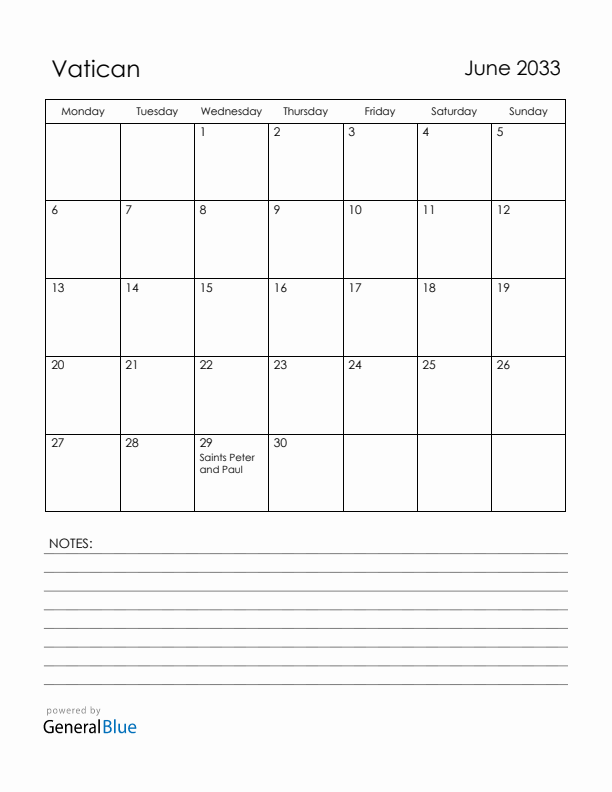 June 2033 Vatican Calendar with Holidays (Monday Start)