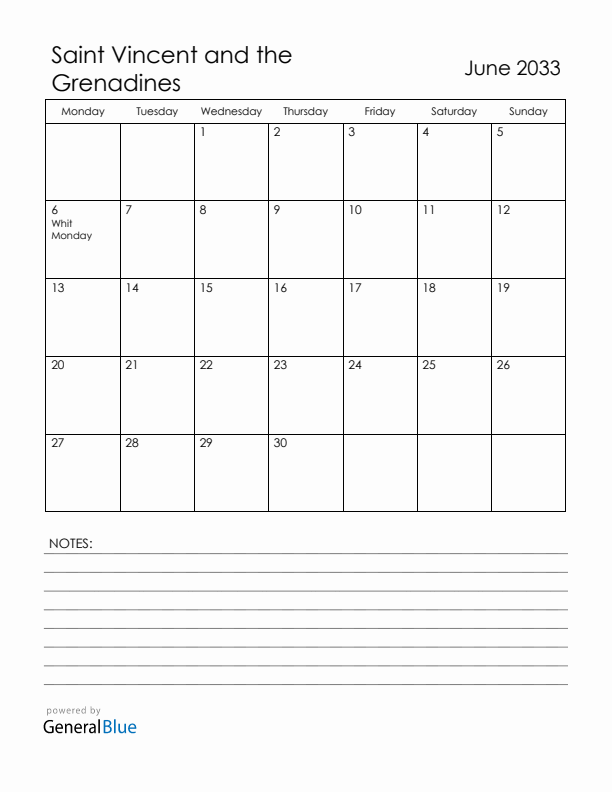 June 2033 Saint Vincent and the Grenadines Calendar with Holidays (Monday Start)