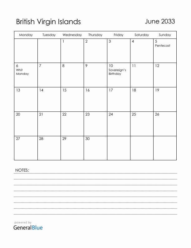 June 2033 British Virgin Islands Calendar with Holidays (Monday Start)